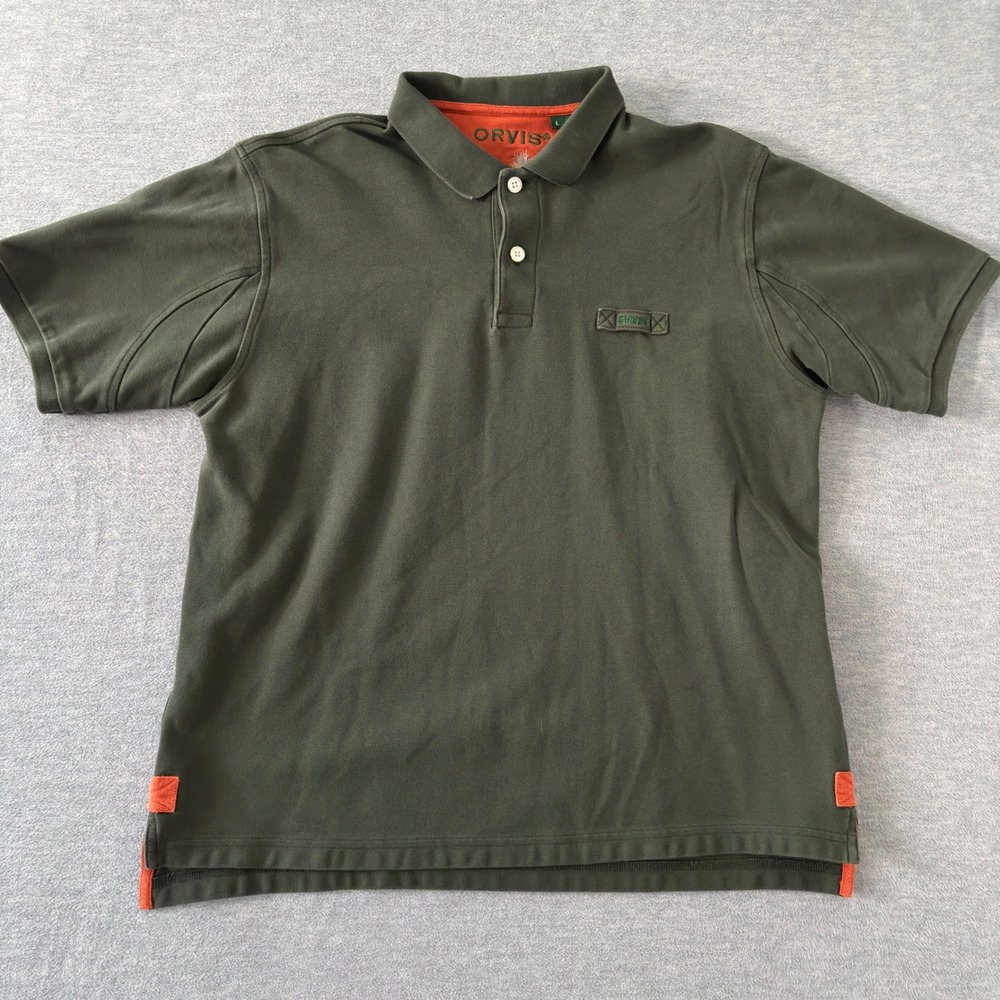 Orvis Mens Large Tall Polo Shirt Olive Green Orange 100% Cotton Pique 3B90